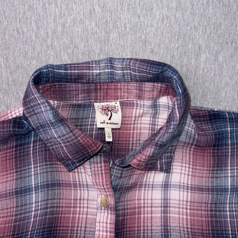 Self Esteem Women's Large Pink Blue Plaid Flannel Button Front Cropped Shirt